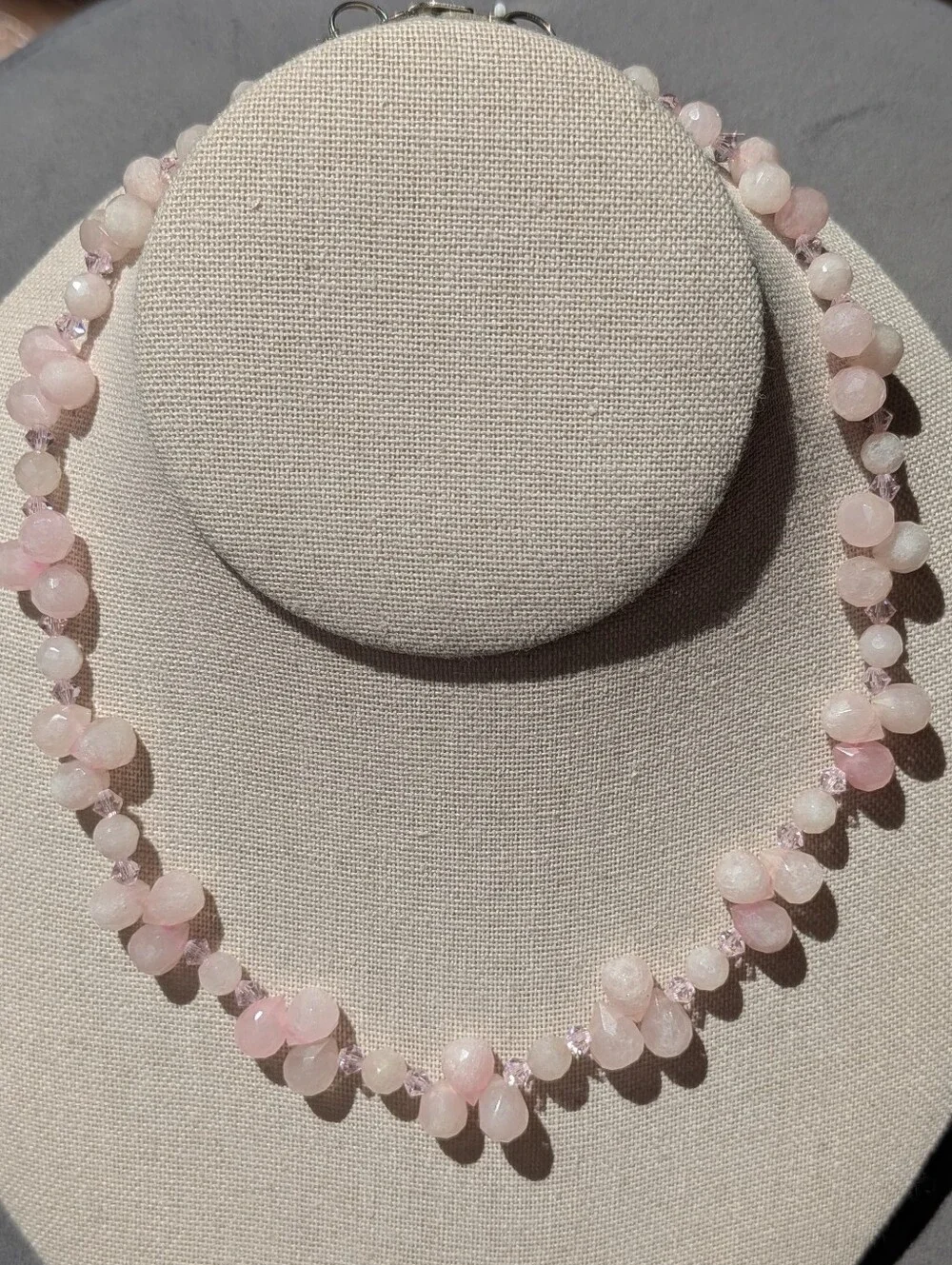 🌸 Artisan Rose Quartz & Crystal Necklace — Sterling Silver Clasp